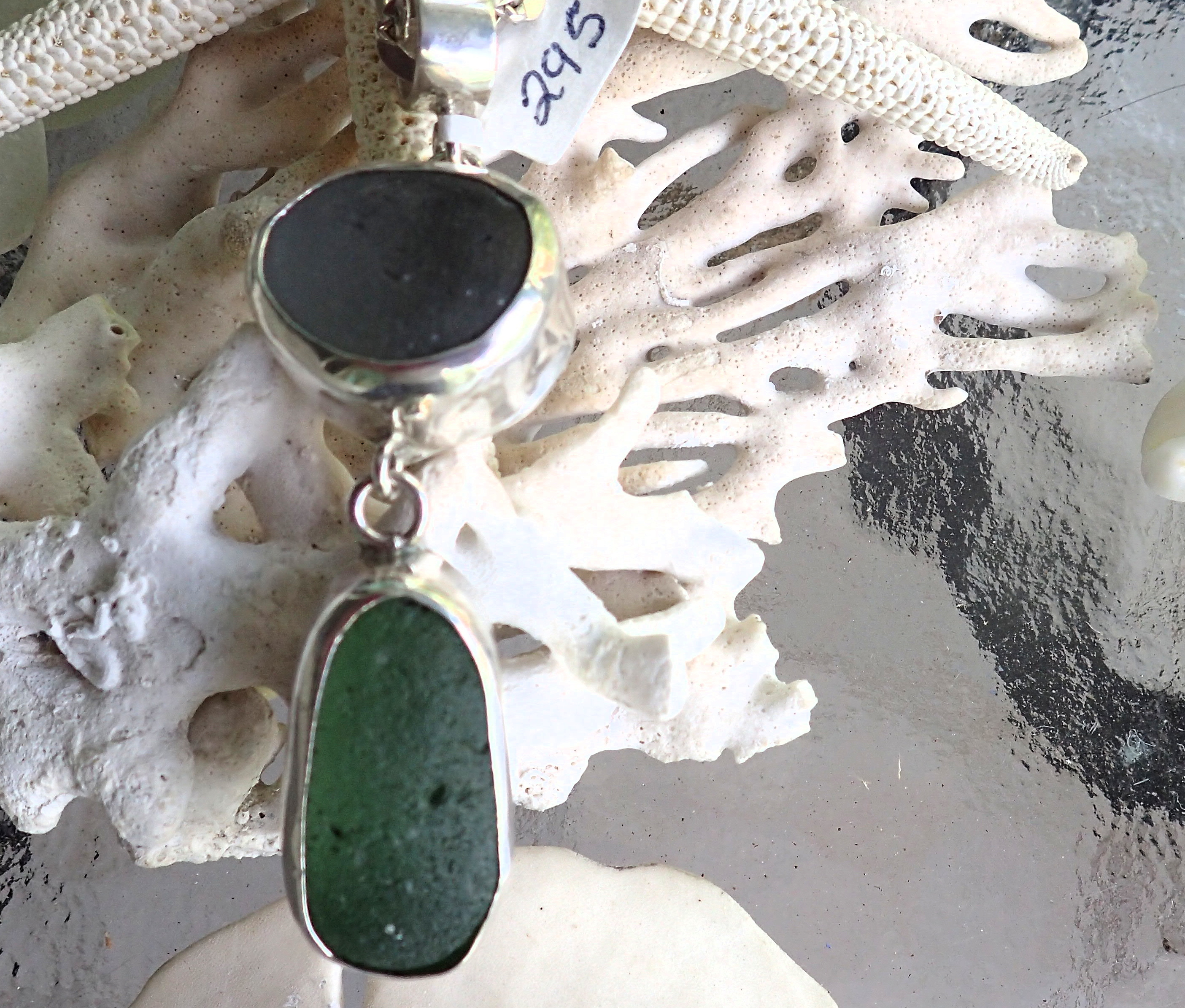 Antique thick and chunky light green with an oval pendulum drop,  backed by fine silver with fine silver beze and 10mm bail for large chain