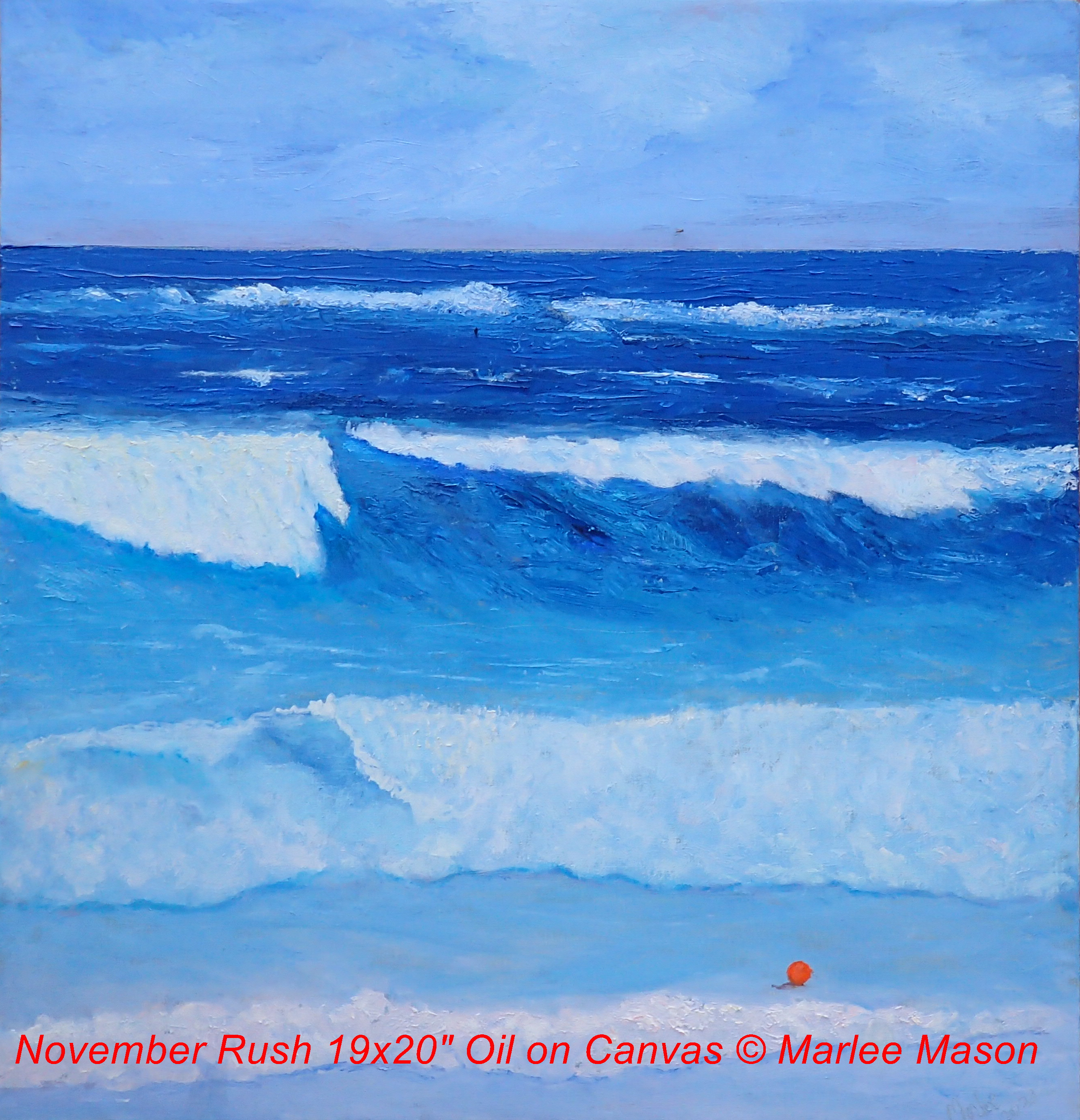 Original Oil Painting on Canvas 19xx20"      This first cold front of the season brings the drama of huge waves crashing against the shore of a miles long beach at Great Guana Cay in Abaco.  The cool 